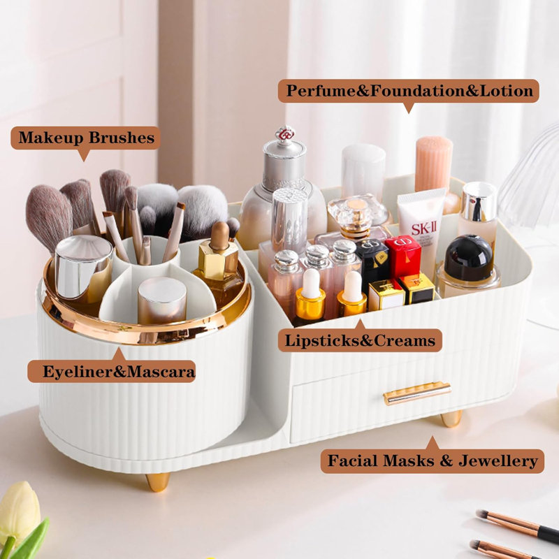 Organisateur de maquillage rotatif à 360 ° avec porte-pinceau et tiroir, grand espace de rangement pour cosmétiques pour comptoir de meuble-lavabo, vitrine de soins de la peau et de beauté à compartiments multiples