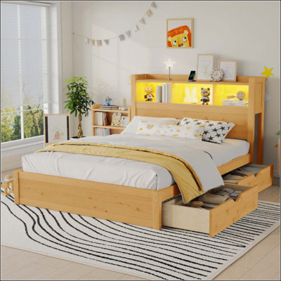 Lit avec tiroirs, lit en bois avec tête de rangement et armoire de rangement escamotable, lit en bois avec lumière et douille