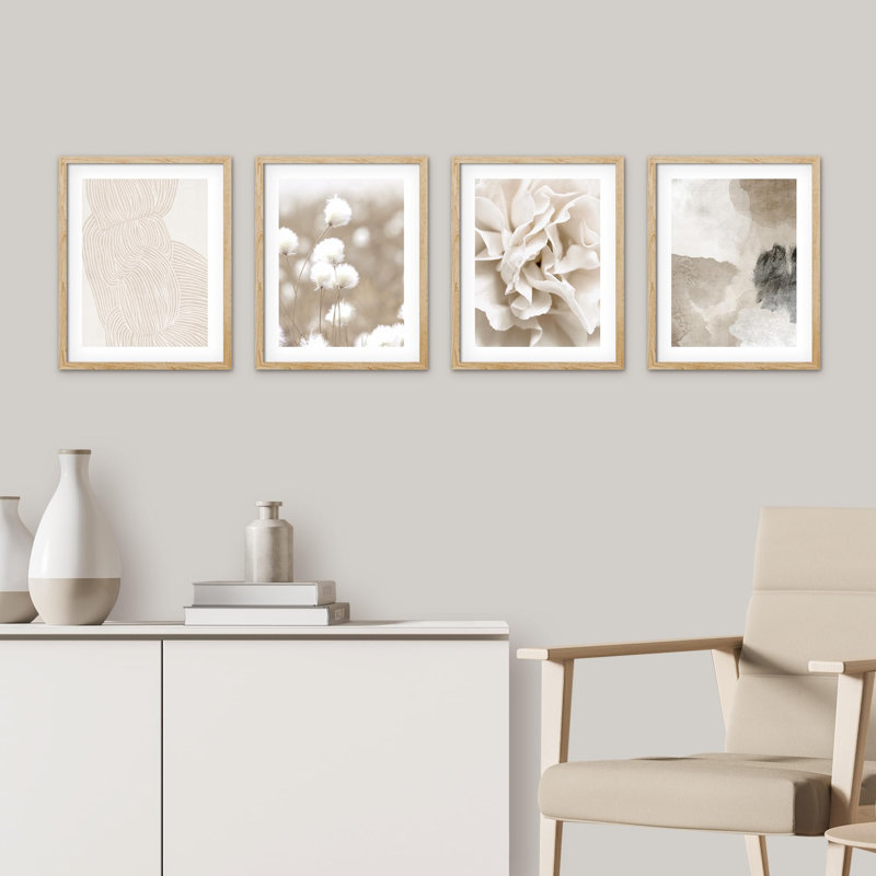 " Abstract Botanical Pictures Beige " 4 - Pieces, 16" H x 12" W, Natural