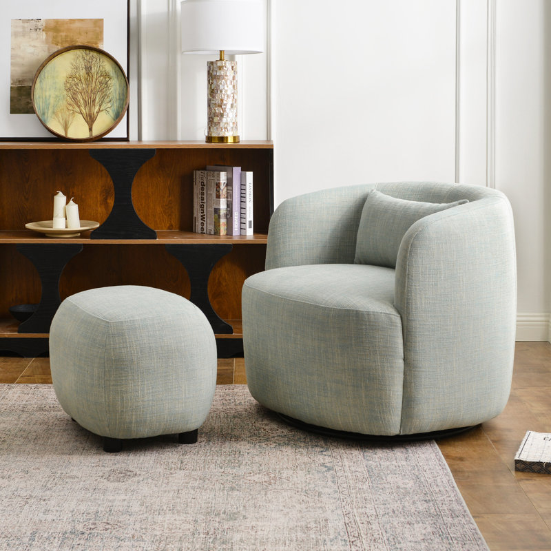 Fauteuil pivotant rembourré en lin avec repose-pieds, Sarcelle