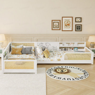Structure de lit simple en L pour 2 enfants, lits convertibles détachables avec planches, lit pour enfants en rotin avec étagères et lumières