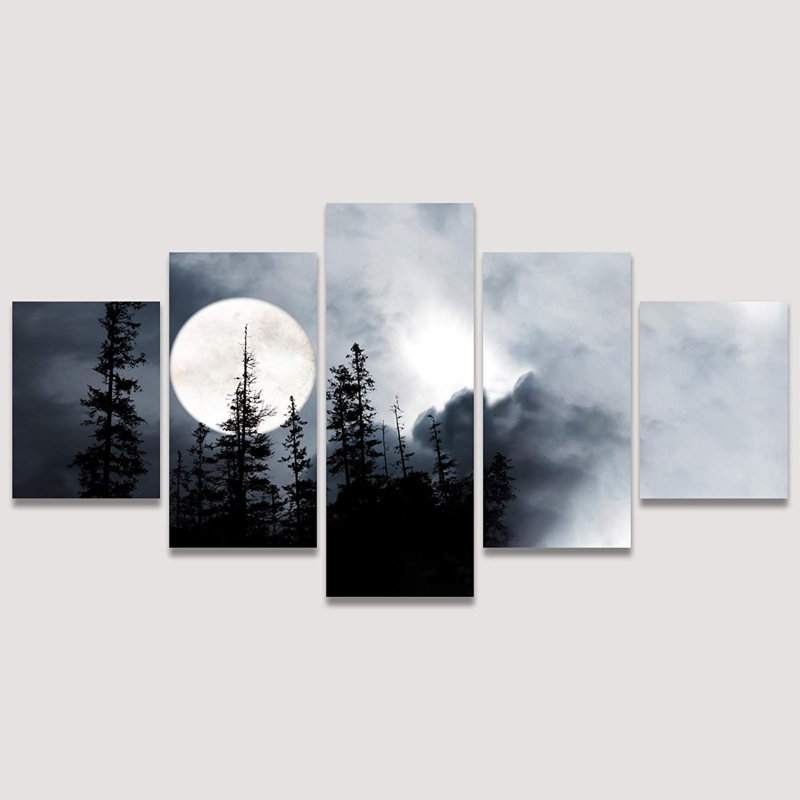 Signature grand format sur toile pleine lune dans la forêt pour décorations d'intérieur prêt à accrocher - 60 po x 32 po