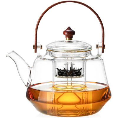 40Oz Glass Teapot With Anti-Drip Spout, Peach Wood Handle And Lid, Heat-Resistant Borosilicate Glass, Dual Infusers