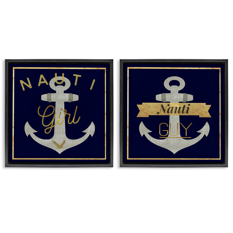  «Nauti Girl & Guy Anchors», ensemble de 2 toiles flottantes encadrées par Graffi *ee Studios, Cadre flottant noir de jais