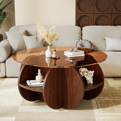 Table basse à plateau rond en verre trempé de 31,5 po avec cadre en MDF et table à 4 tablettes