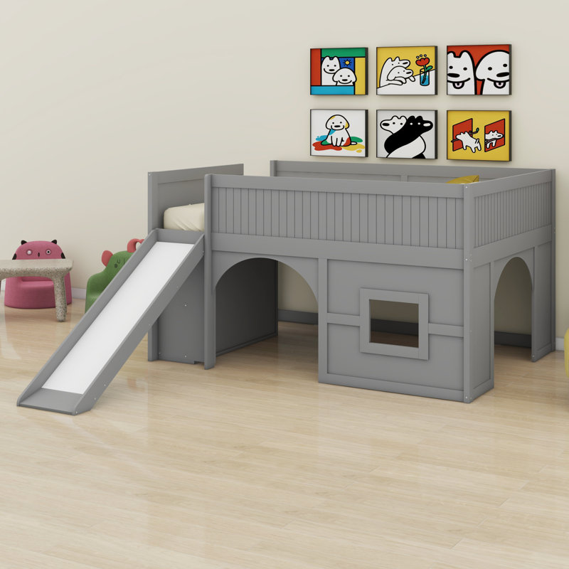 Lit mezzanine bas combiné avec glissade et tablettes, Gris