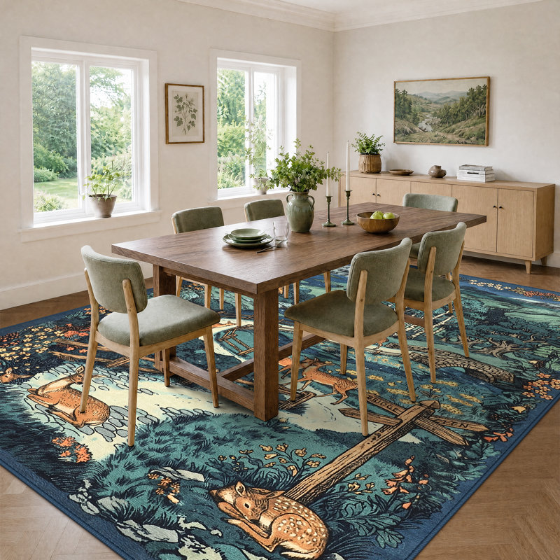 Tapis lavable rétro à motif de cerfs Woodland, Blue, 8' × 10'