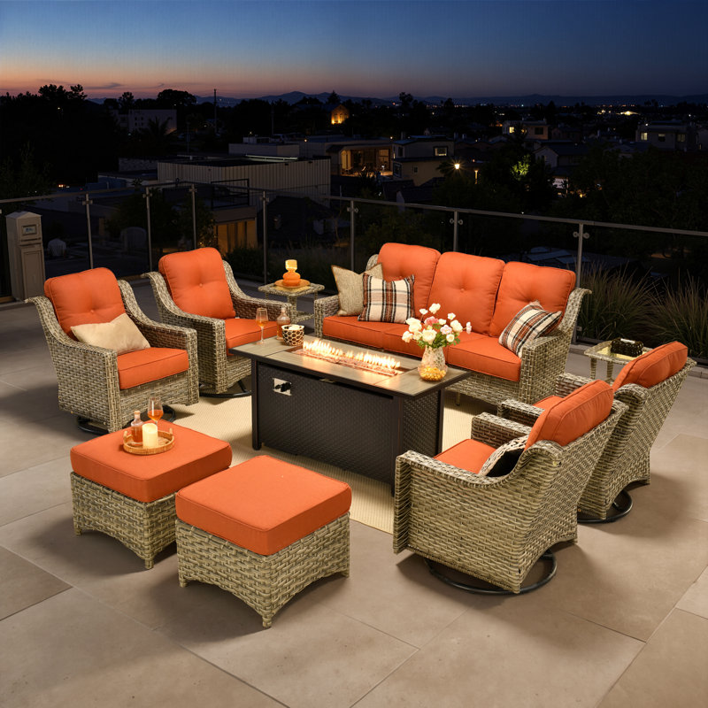 10-Piece Wicker Patio Conversation Set with Swivel Rocking Chairs and 50,000 BTU Fire Pit Table, Orange