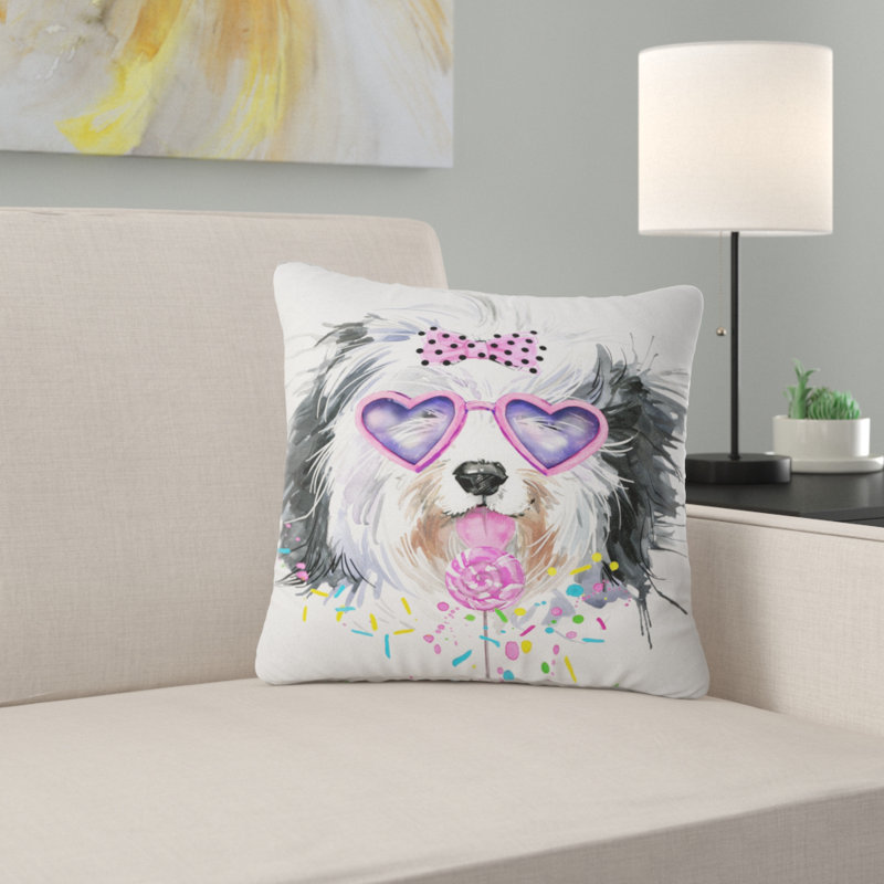 Joli chien avec des lunettes en forme de cœur rose - coussin imprimé animal, 16 po x 1 po, Coussin décoratif