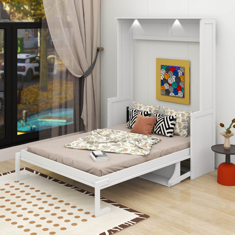 Grand lit escamotable avec bureau, lumières DEL et USB, White