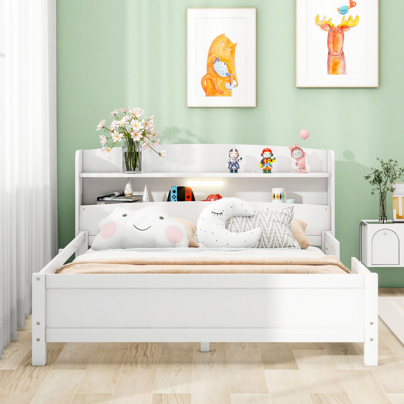 Lit plateforme double en bois avec DEL intégrée, rangement pour tête de lit et garde-corps, garde-corps à DEL blanc, garde-corps