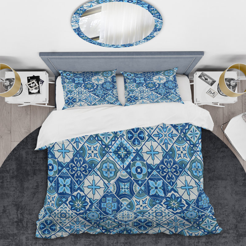 Ensemble de housse de couette patchwork fleurs bleues, Housse de couette pour très grand lit et 2 très
