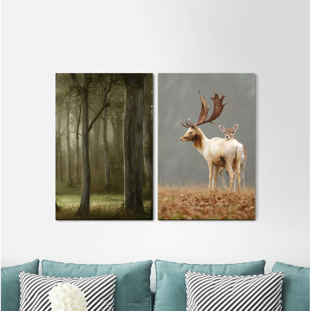 2-tlg. Leinwandbilder-Set - Fotografie „Forest Baby Deer Nature Silence Restful Relaxing”