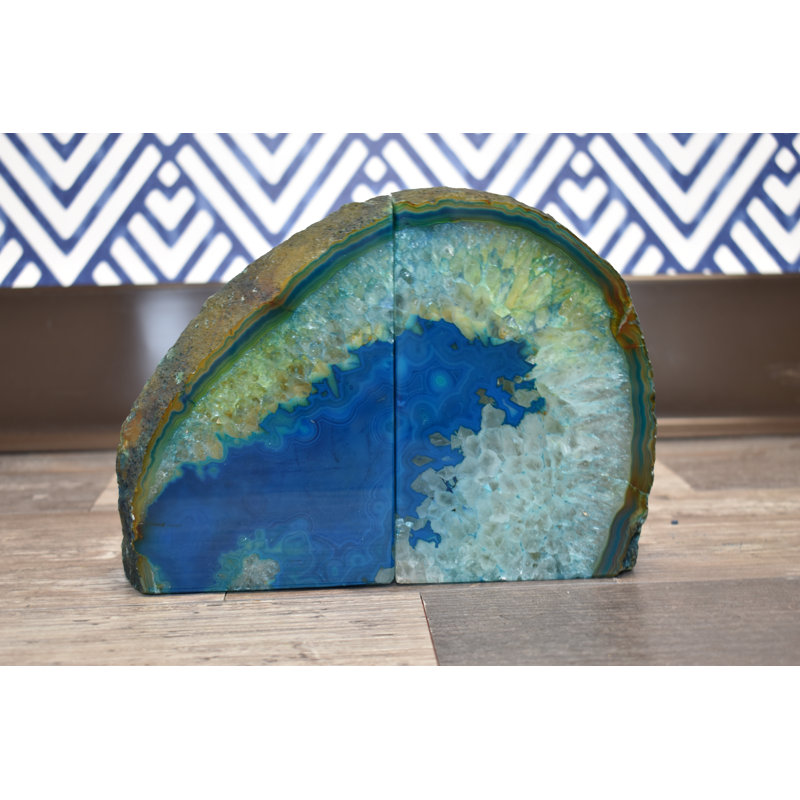 Evelynn Non-Skid Teal Agate Bookends, 6.5" H x 7" W x 3" D