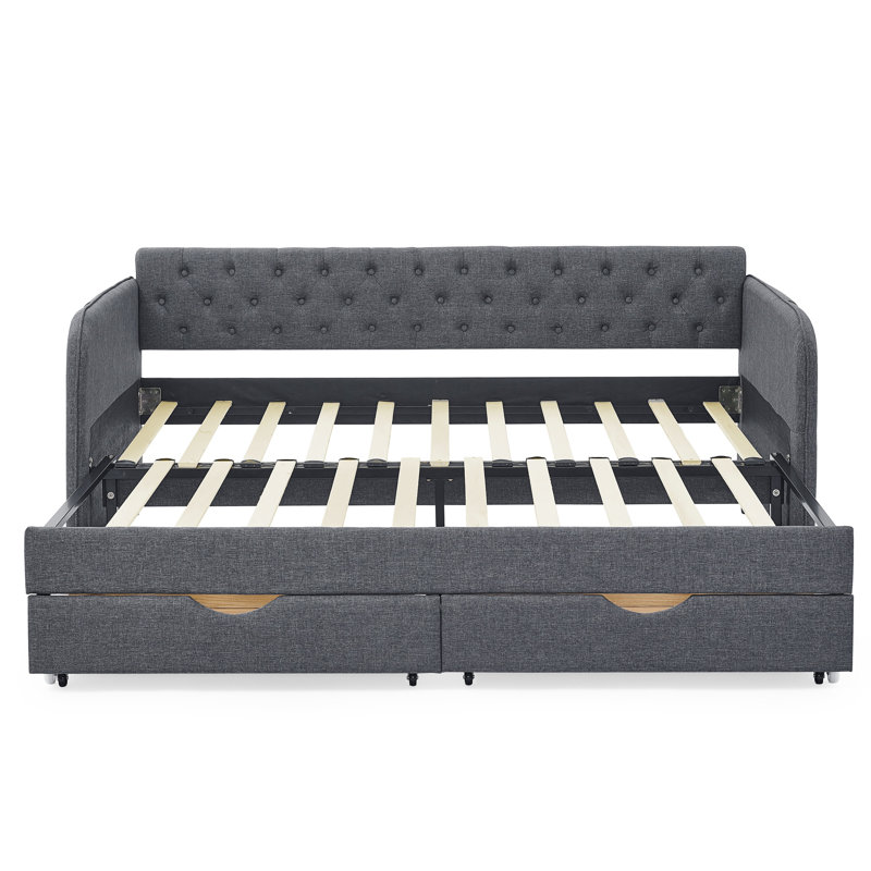 Twin Upholstered Daybed with Trundle & 2 Storage Drawers, Extendable Linen Sofa Bed for Bedroom & Living Room,Dark Gray