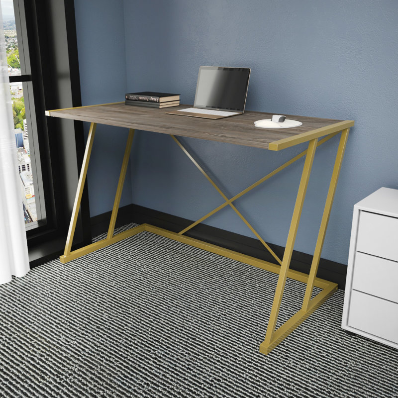 Lenes Metal Base Writing Desk, Dark Gray Oak/Gold