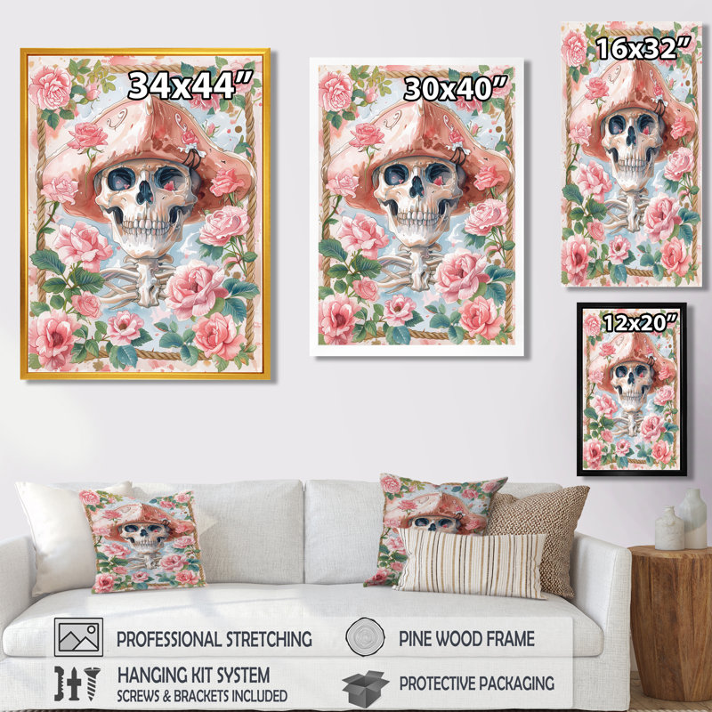 Décoration de crâne de pirate rose et vert Blooms IV - Bord de mer, Toile encadrée noire simple, H 24 po x l 32 po x P 1 po