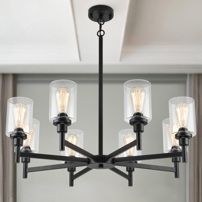 Lustre noir pour luminaire de salle à manger, lustre de style campagnard moderne, 8 lumières avec abat-jour en verre transparent, éclairage industriel pour salon, îlot de cuisine, chambre à coucher