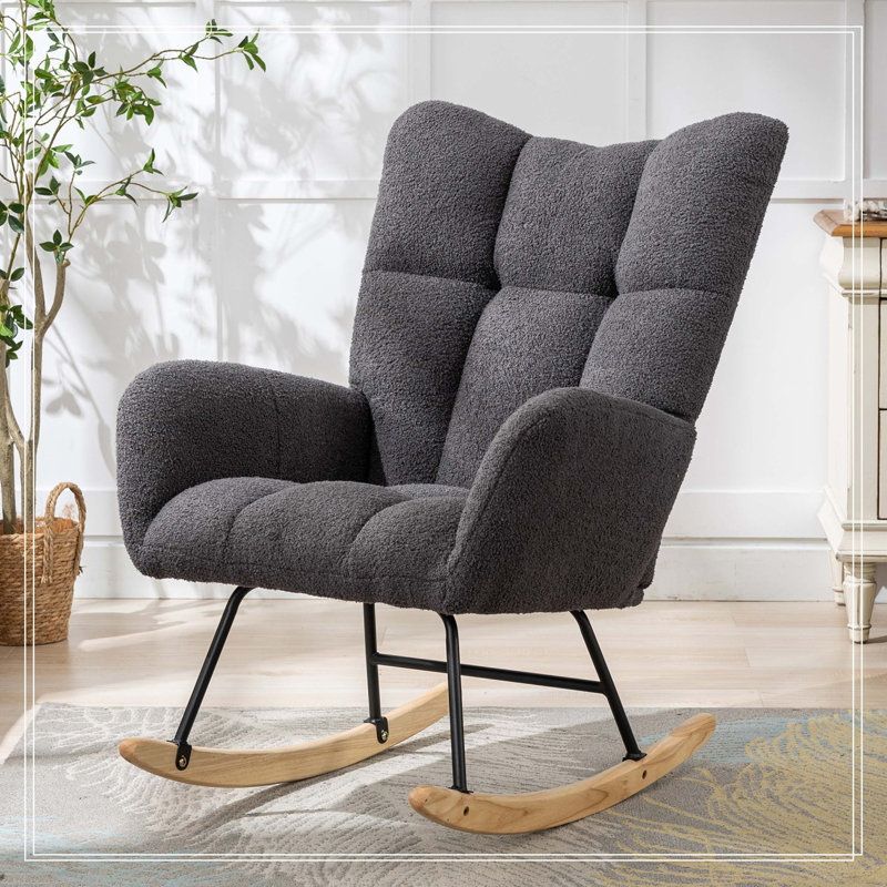 Fauteuil berçant à oreilles en tissu Teddy avec poche de rangement latérale, chaise berçante d'allaitement douce et confortable, base en bois massif robuste et sécuritaire, chaise d'appoint polyvalente pour chambre de bébé et salon, blanc.