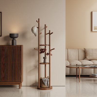 Aaryahi Rotating Solid Wood Coat Rack with 3 Storage Shelves & 9 Hooks