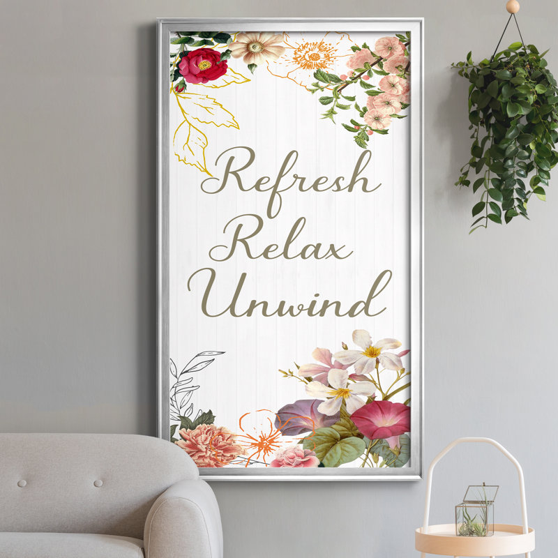 «Refresh, Relax, Unwind» - Reproduction d'art textuel sur toile encadrée, H 14,5 po x l 26,5 po x P 1,5 po, Argent
