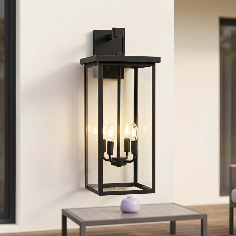 26" H Large Outdoor Wall Sconce Modern Matte Black Porch Lantern with Clear Glass, 25.6'' H X 9.8'' W X 11.2'' D