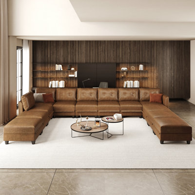 Modular Sectional Sofa With Storage, Modern Brown Faux Leather, Reversible Chaise, U Shaped Couch For Living Room, Waterproof & Easy Clean, 7 Seats With 5 Ottomans