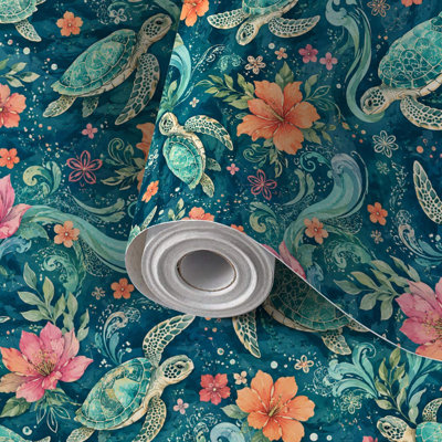 Papier de contact à peler et coller avec tortues de mer colorées, motifs floraux, motifs océaniques, auto-adhésif et amovible 17,7 po x 118 po (45 x 300 cm)