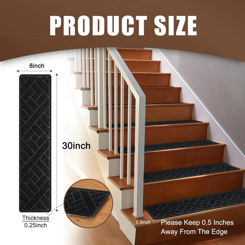 Paquet de 15 tapis d'escalier antidérapants de 8 po x 30 po, tapis de marche d'escalier en TPE pour marches en bois, tapis d'escalier en polyester lavables pour enfants et animaux de compagnie