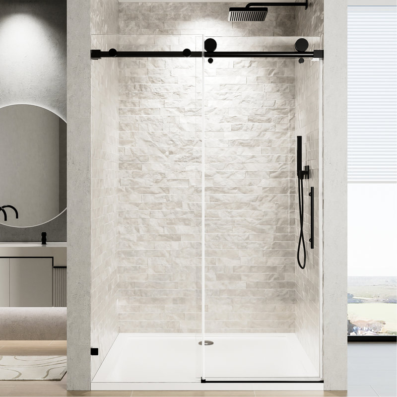 Porte de douche simple coulissante noire matte à fermeture en douceur de 60 po de largeur et de 76 po de hauteur avec verre trempé transparent de 5/16 po (8 mm), quincaillerie en acier inoxydable rouille, conception imperméable et tampon pour un mouvement silencieux dans la salle de bain