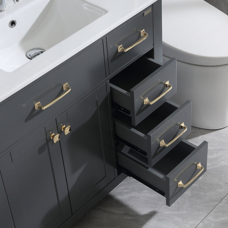 Burnet 35.8'' Single Bathroom Vanity with Ceramic Top, Mirror and Polished Chrome Faucet, Gold, Gray