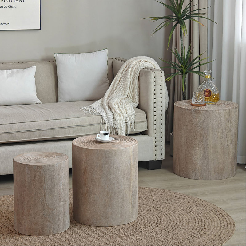 Ensemble de 3 tables basses rondes en bois, tables de bout, supports à plantes, pièces décoratives - finition bois rustique