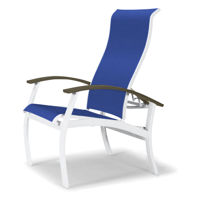Askar Premium All-Weather Wicker Outdoor Dining Armchair with Cushion, Atlantis Royal Blue Sunbrella®, Beachwood, Gloss White
