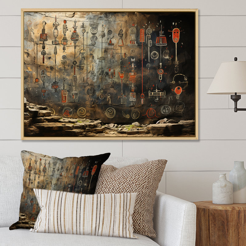 "Native Art", "Petroglyphs I" encadré sur toile, Cadre naturel flottant, H 24 po x l 32 po x P 1 po