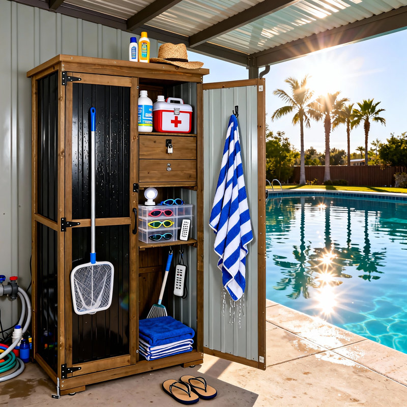 Outdoor Storage Cabinet Wood & Metal with Waterproof Roof, Garden Tool Shed with 3 Removable Shelves, 4 Adjustable Reinforced feet with Metal Brackets, 6 T-Hinge, Magnetic Door