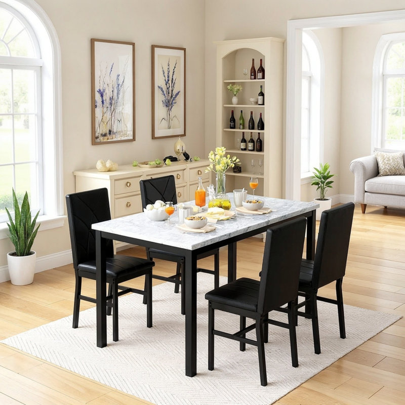 5 Piece Dining Table Set For 4, Faux Marble Kitchen Table And Chairs Set Of 4, Rectangular Dining Room Table With 4 Upholstered Dinner Chairs For Small Space, Dining Room, Living Room