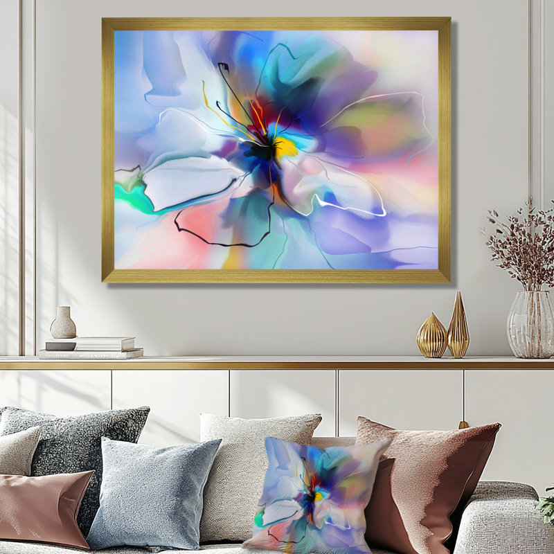 Fleur abstraite, création et impression bleue, H 34 po x l 44 po, Cadre doré