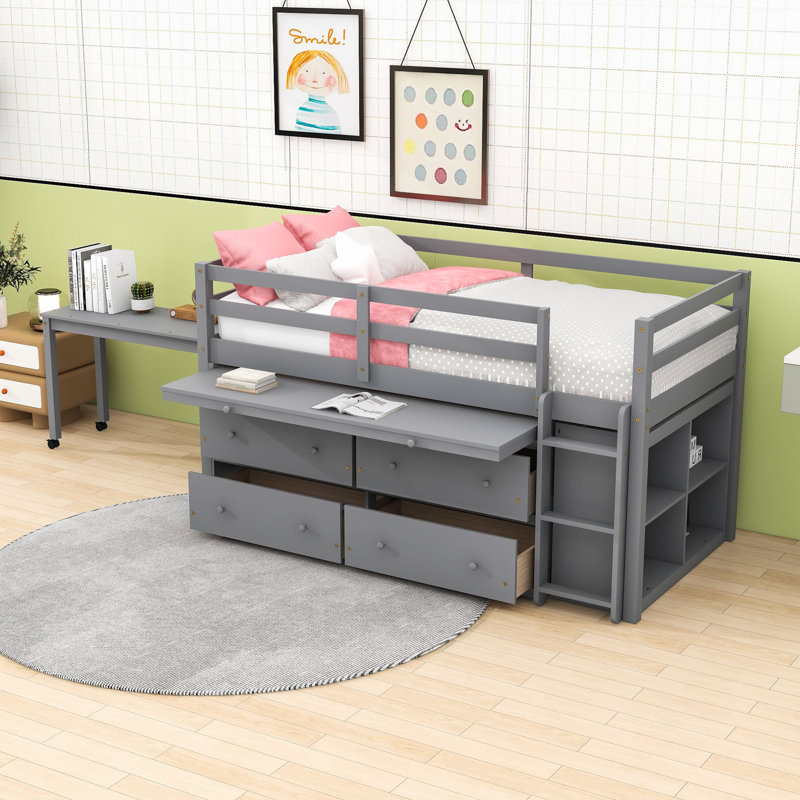 Lit mezzanine avec bureau intégré et tiroirs de rangement, tablettes, échelle, Gris, Simple