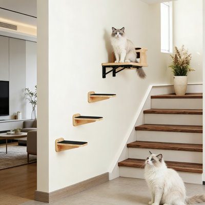 Solid Pine Wood Wall-mounted Cat Climber Set With 3 Steps, Perch & Feeding Station