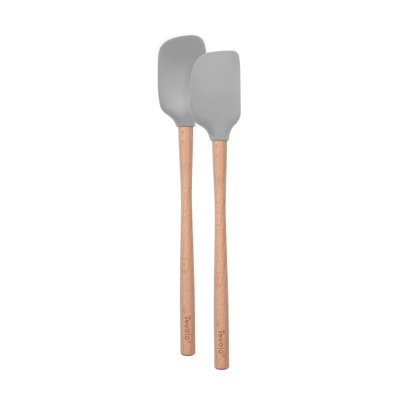 Tovolo Flex-Core Mini Silicone Spatula and Spoonula Set with Wood Handles, Oyster Gray