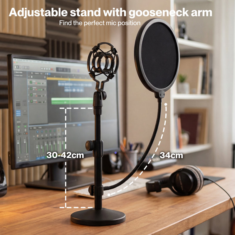  Desktop Microphone Stand Adjustable Mic Clip Desk Pop Filter Shock Mount