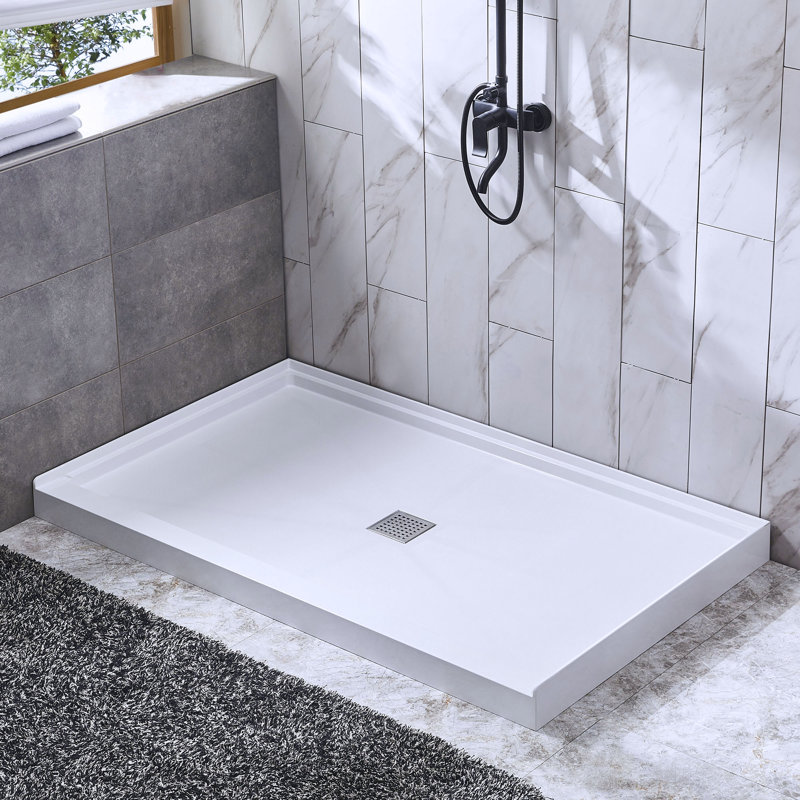 Base de bac de douche à seuil simple de l 60 po x P 32 po avec ensemble de bonde et couvercle de bonde inclus, antidérapant