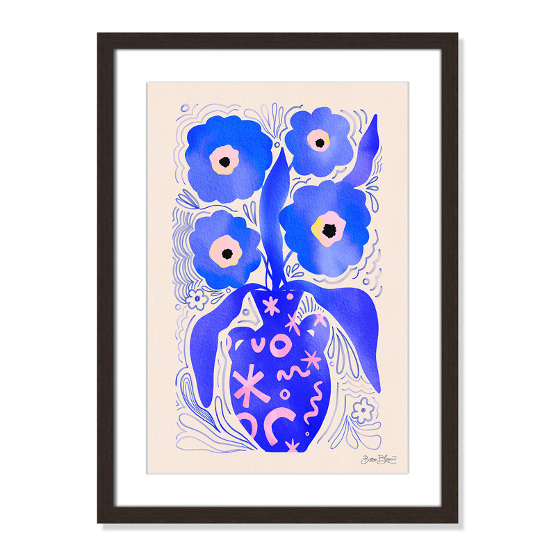 «Blue Flowers Matisse» par Bloom, L 17 po x H 23 po, Imprimé mat, Noyer à grain ouvert