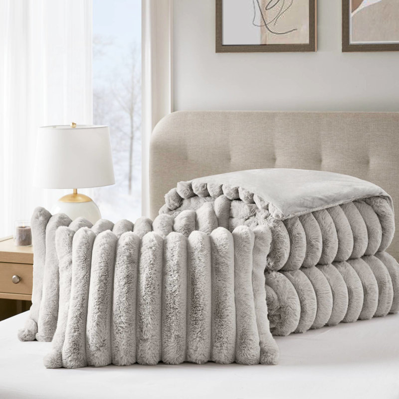 Édredon 3 pièces en fausse fourrure double / grand, gris, devant lisse, rembourrage respirant, taie décorative superposée grise ultra-douce avec surface texturée moelleuse, facile à laver