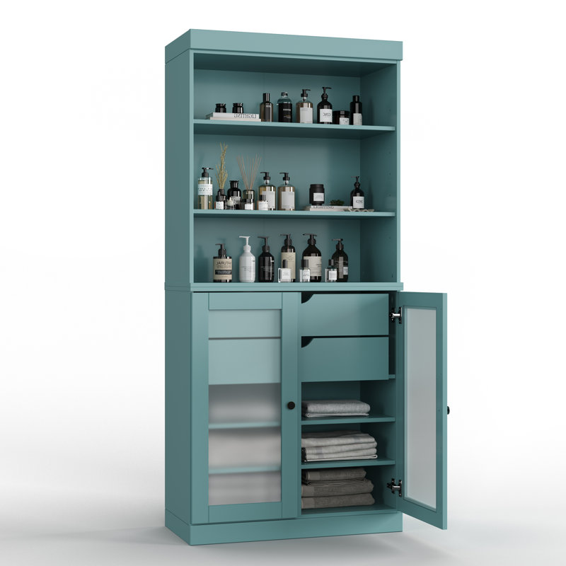 32" 100% Solid Wood Freestanding Bathroom Cabinet with Frosted Glass Doors, 2 Drawers & Adjustable Shelves – Modern Bathroom Storage