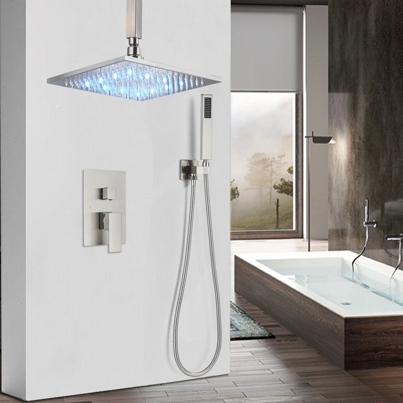 Système de douche à DEL avec pomme de douche à effet de pluie 16 po avec valve brute et douche à main