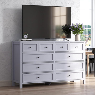 47.2'' Wide 10-Drawer Double Dresser with Anti-Tip Kit, Grey Bedroom Dresser with Black Knobs