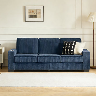 Comfortable 3 Seat Living Room Sofa with Corduroy Fabric, Removable Covers and Built-in Cup Holders
