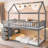 TWIN/TWIN HOUSE BUNK BED WITH SHELVES AND DRAWERS FOR GREY COLOR
