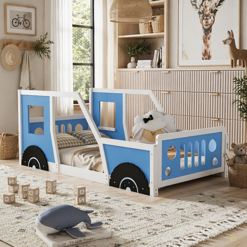 Lit plateforme classique avec roulettes en forme de voiture, Bleu, Simple